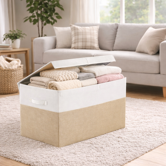 Bepavo® Large Foldable Toy & Home Storage Box – 85L Collapsible Organizer with Lid & Handles – Beige & White Linen Style