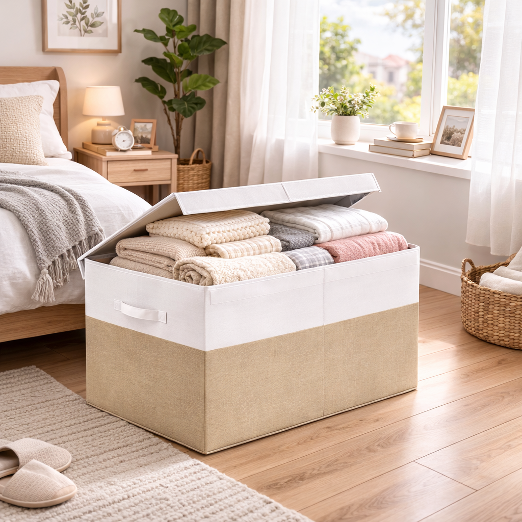 Bepavo® Large Foldable Toy & Home Storage Box – 85L Collapsible Organizer with Lid & Handles – Beige & White Linen Style