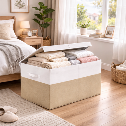 Bepavo® Large Foldable Toy & Home Storage Box – 85L Collapsible Organizer with Lid & Handles – Beige & White Linen Style