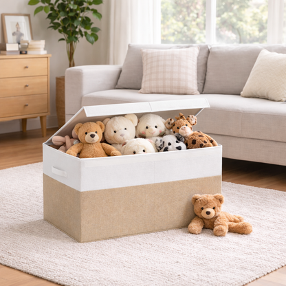 Bepavo® Large Foldable Toy & Home Storage Box – 85L Collapsible Organizer with Lid & Handles – Beige & White Linen Style