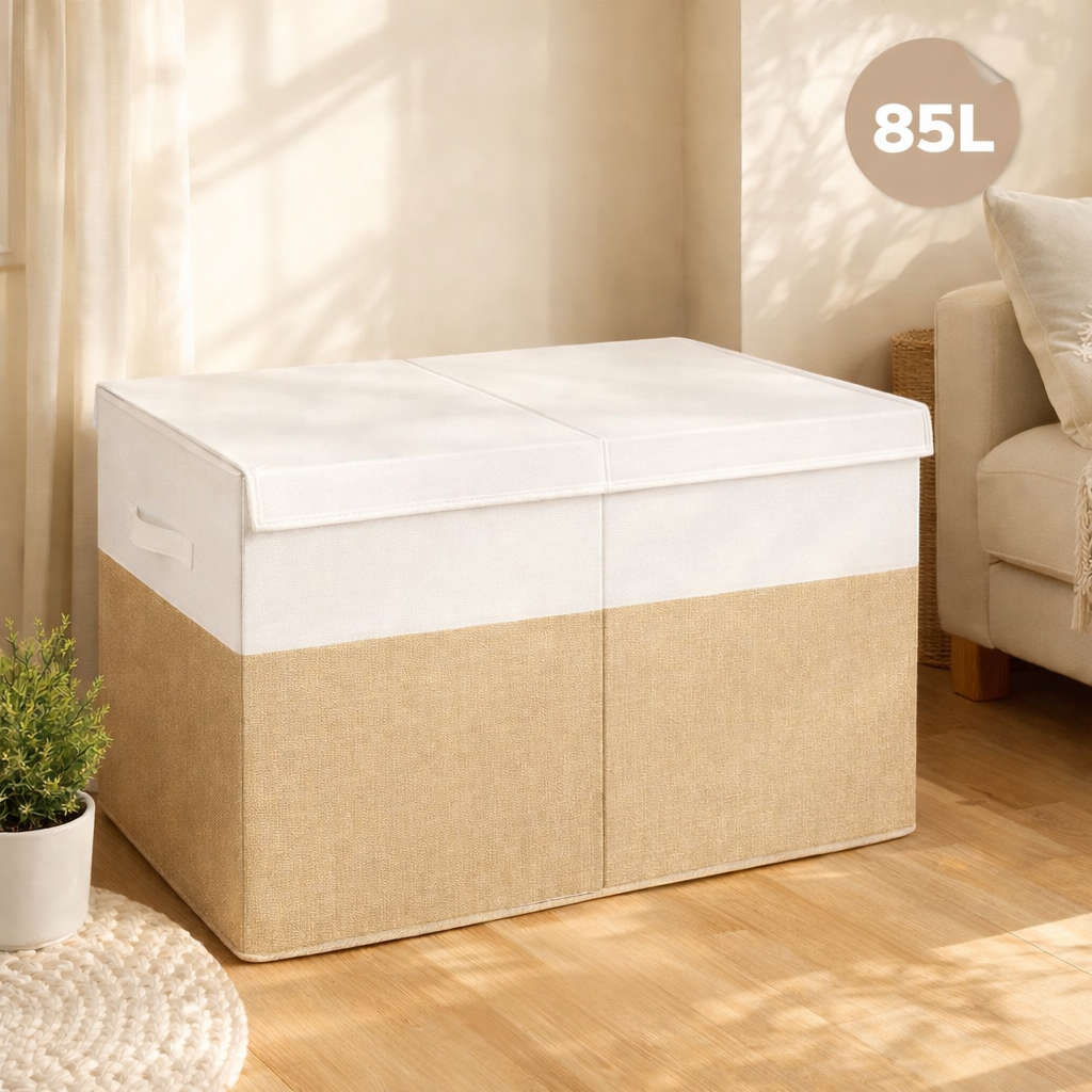 Bepavo® Large Foldable Toy & Home Storage Box – 85L Collapsible Organizer with Lid & Handles – Beige & White Linen Style