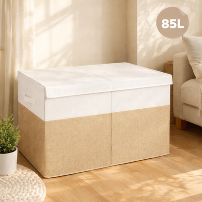 Bepavo® Large Foldable Toy & Home Storage Box – 85L Collapsible Organizer with Lid & Handles – Beige & White Linen Style